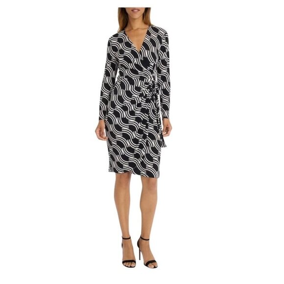 Maggy London Womens Black Ivory Print Long Sleeve Wrap Dress Sz 8 New - Picture 1 of 8